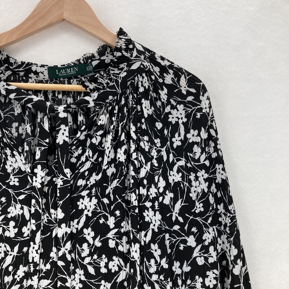 Lauren Ralph Lauren Blouse Womens 2X Black White Floral Pleated Long Sleeve - Picture 2 of 14